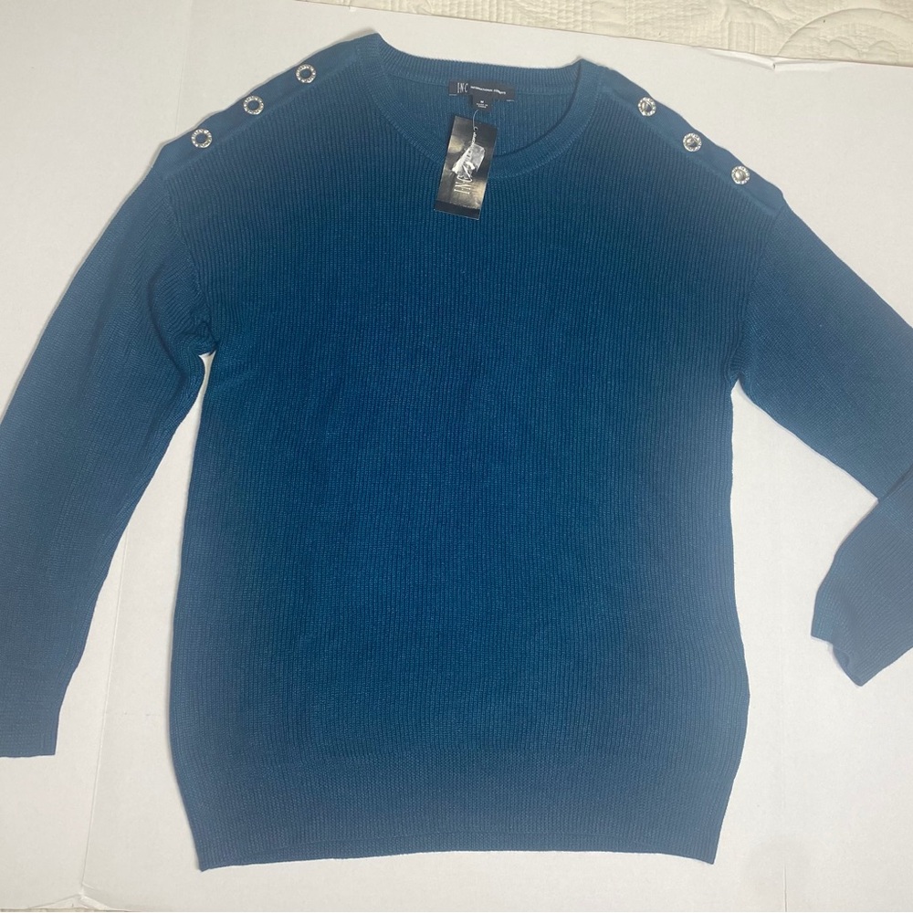 I.N.C‎ Women's Rhinestone Cold-Shoulder Pullover Scoop Neck Sweater Teal Medium